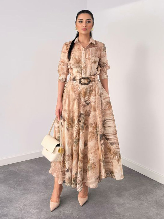 Retro Beige Abstract Print Two-Piece Set