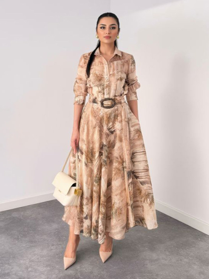 Retro Beige Abstract Print Two-Piece Set