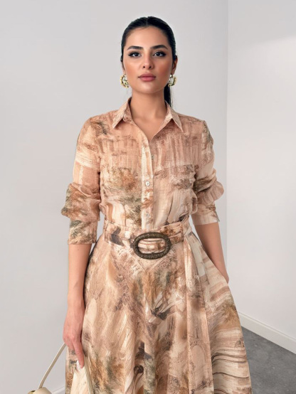 Retro Beige Abstract Print Two-Piece Set