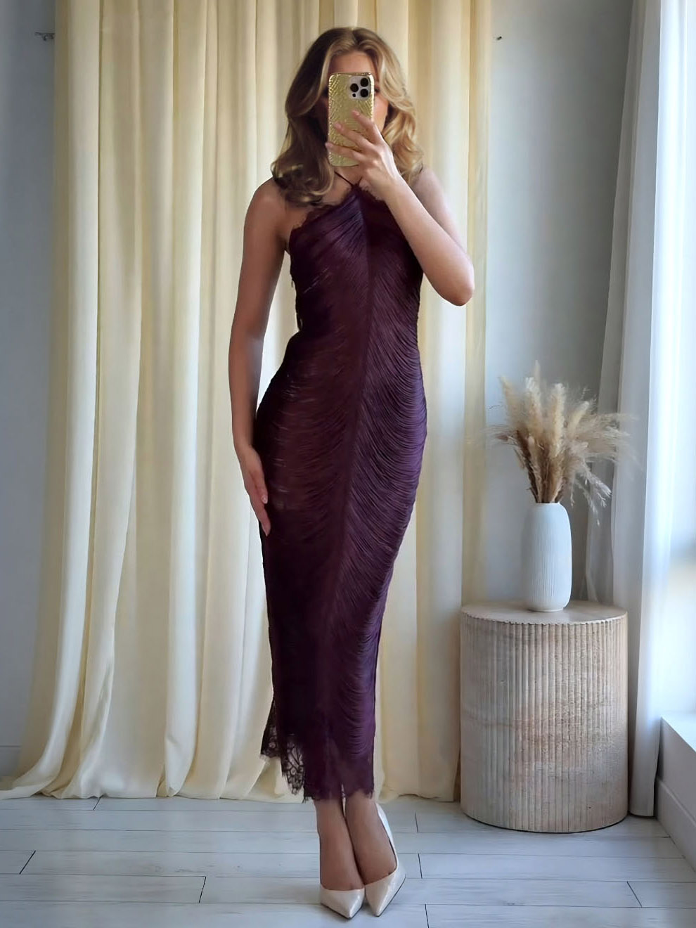 Elegant Purple Lace-Trim Backless Tassel Maxi Dress