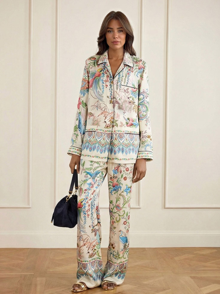Elegant Color-blocked Paisley Print Two-piece Loungewear Set