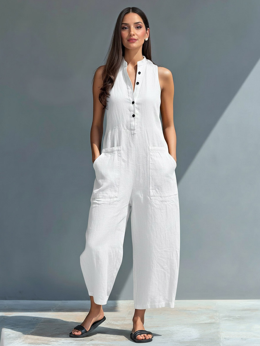 Casual Button-Front Sleeveless Loose Jumpsuit