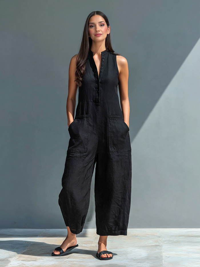 Casual Button-Front Sleeveless Loose Jumpsuit