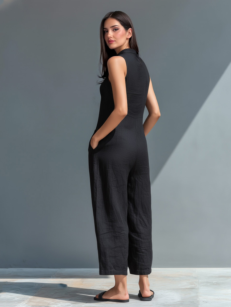 Casual Button-Front Sleeveless Loose Jumpsuit