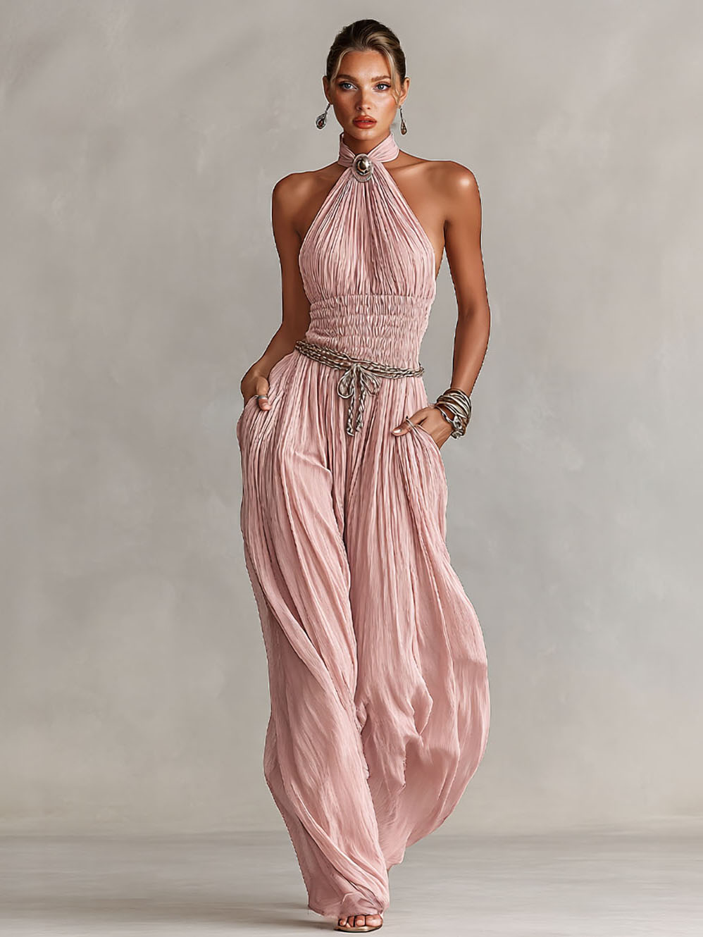 Romantic Halter Neck Ruched Jumpsuit