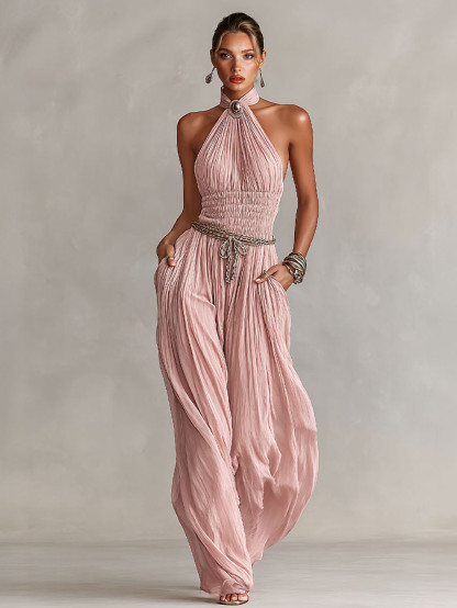 Romantic Halter Neck Ruched Jumpsuit