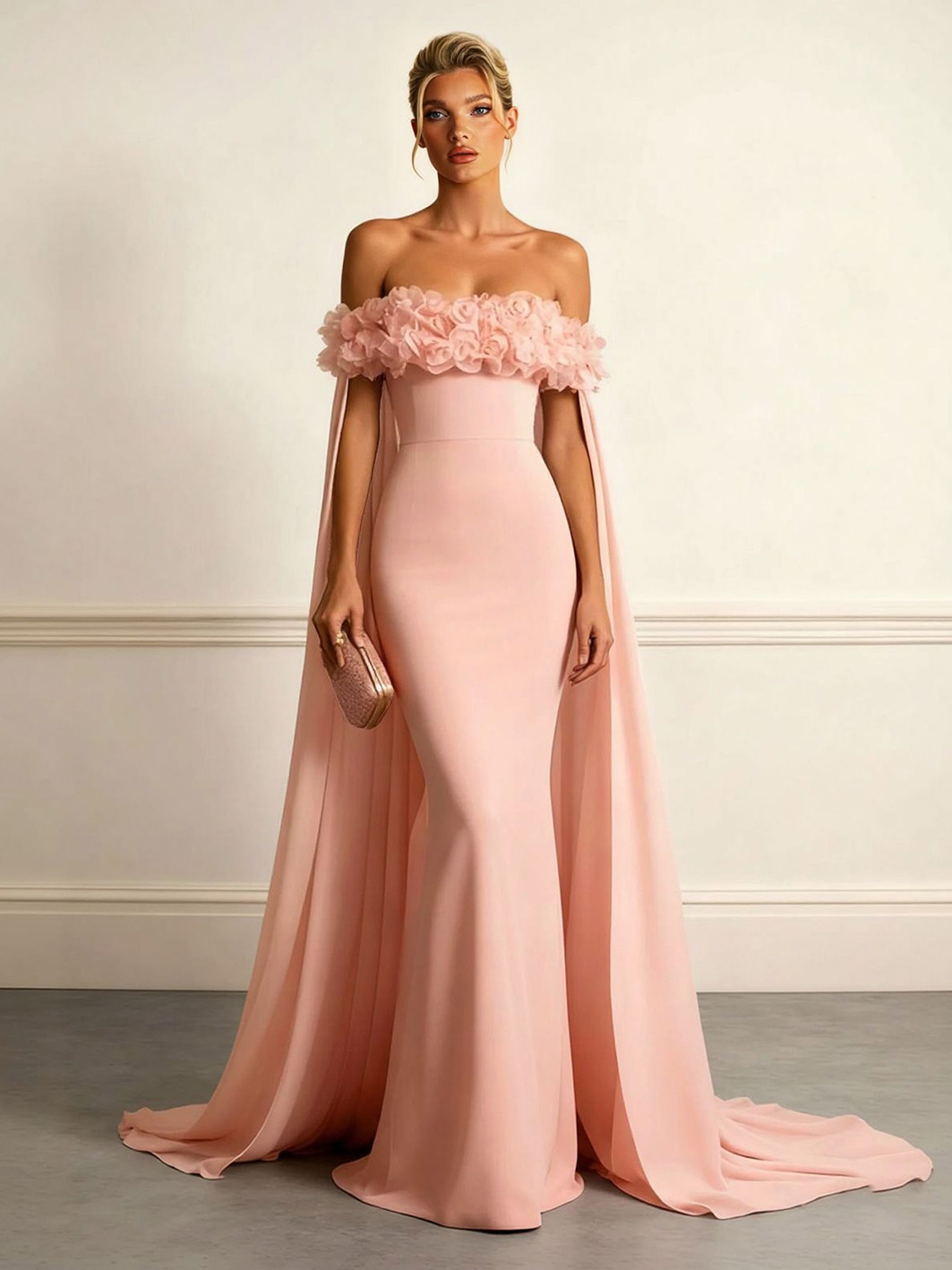 Elegant Floral Applique Off-Shoulder Maxi Dress