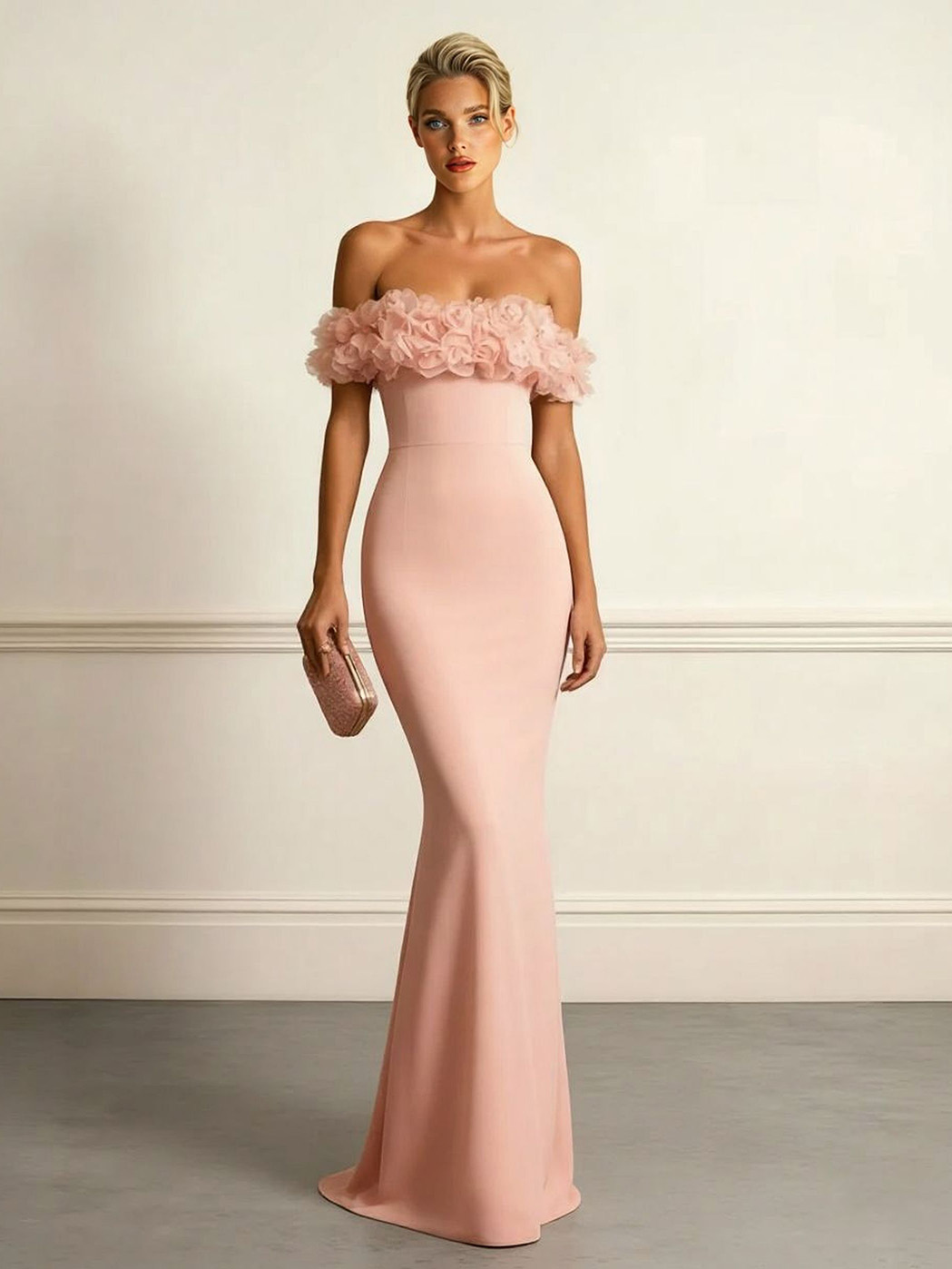 Elegant Floral Applique Off-Shoulder Maxi Dress