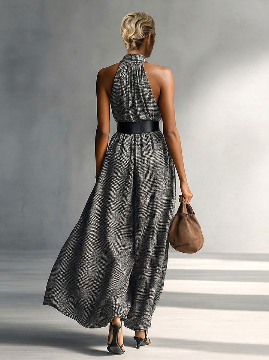 Black And White Plaid Sleeveless Mid-length Dress