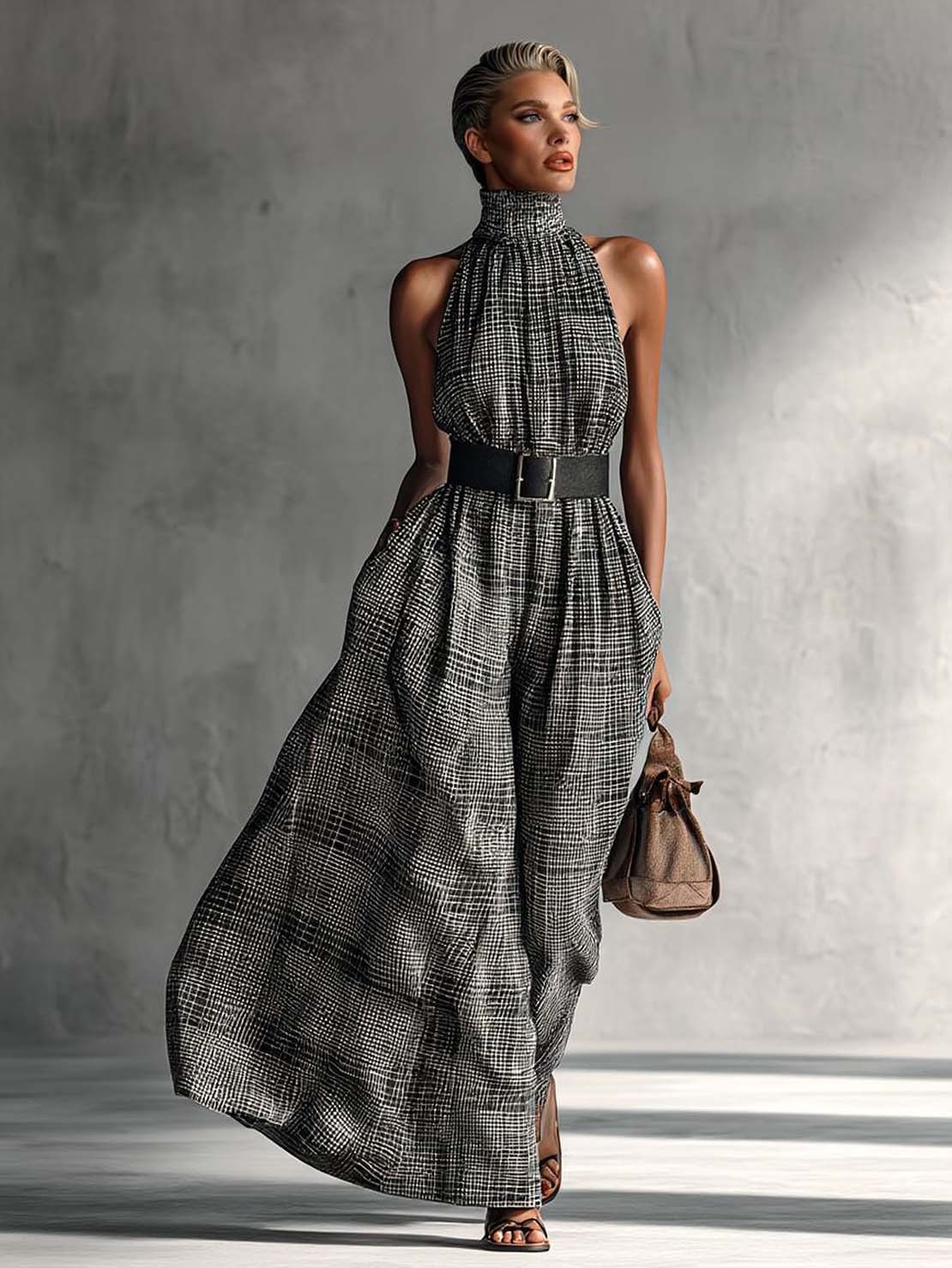 Black And White Plaid Sleeveless Mid-length Dress