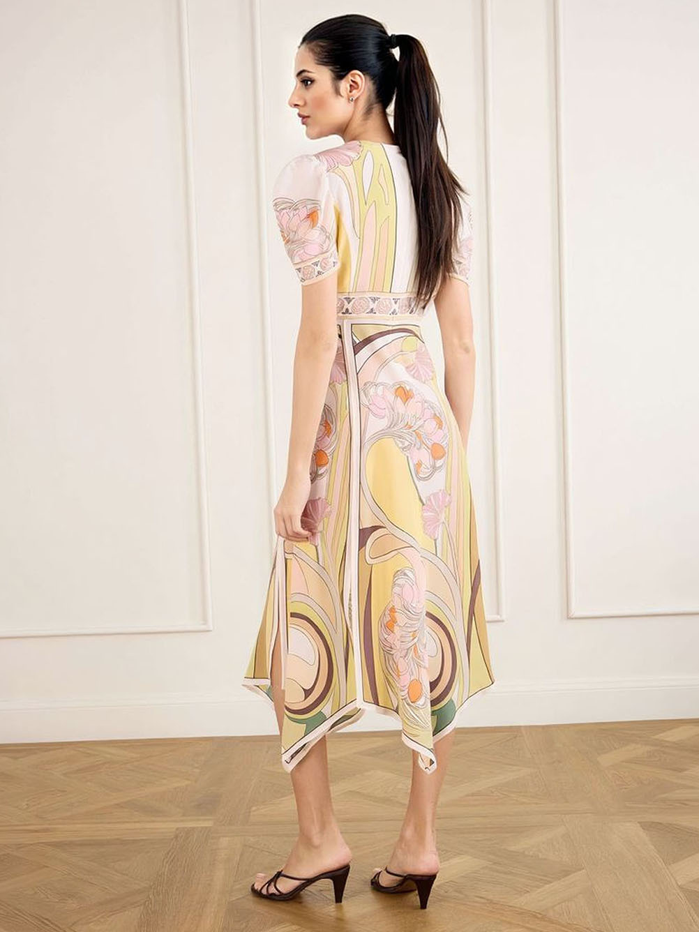 Elegant Vintage Floral Print Puff Sleeve Asymmetric Hem Midi Dress