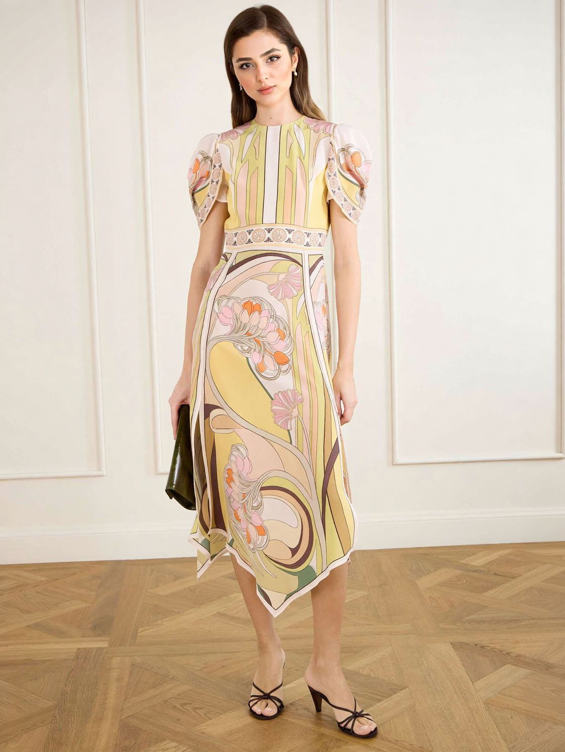 Elegant Vintage Floral Print Puff Sleeve Asymmetric Hem Midi Dress