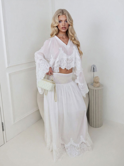 Elegant Lace Patchwork Top & High-Waist Smocked Maxi Skirt Set