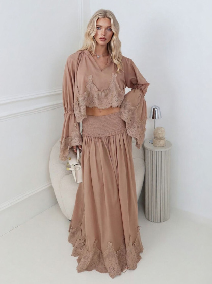 Elegant Lace Patchwork Top & High-Waist Smocked Maxi Skirt Set