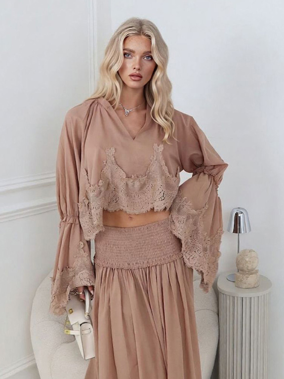 Elegant Lace Patchwork Top & High-Waist Smocked Maxi Skirt Set