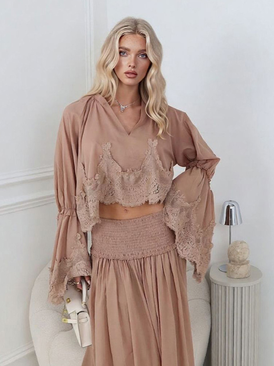 Elegant Lace Patchwork Top & High-Waist Smocked Maxi Skirt Set