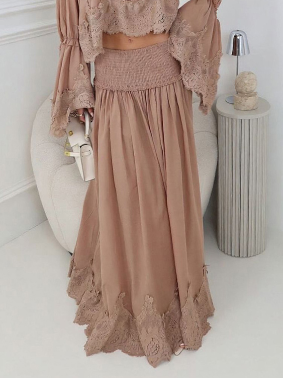 Elegant Lace Patchwork Top & High-Waist Smocked Maxi Skirt Set