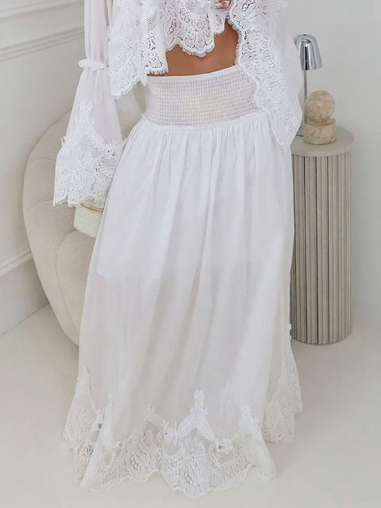 Elegant Lace Patchwork Top & High-Waist Smocked Maxi Skirt Set