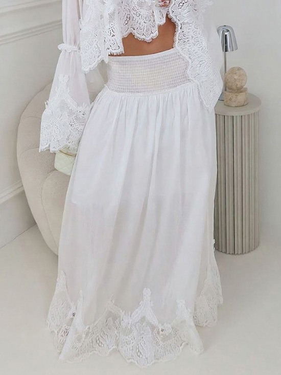Elegant Lace Patchwork Top & High-Waist Smocked Maxi Skirt Set