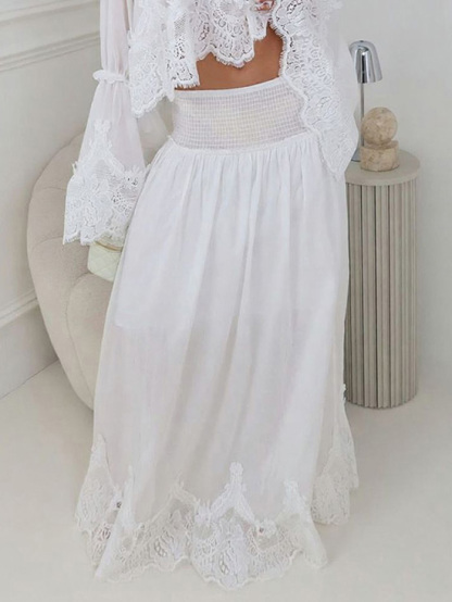 Elegant Lace Patchwork Top & High-Waist Smocked Maxi Skirt Set