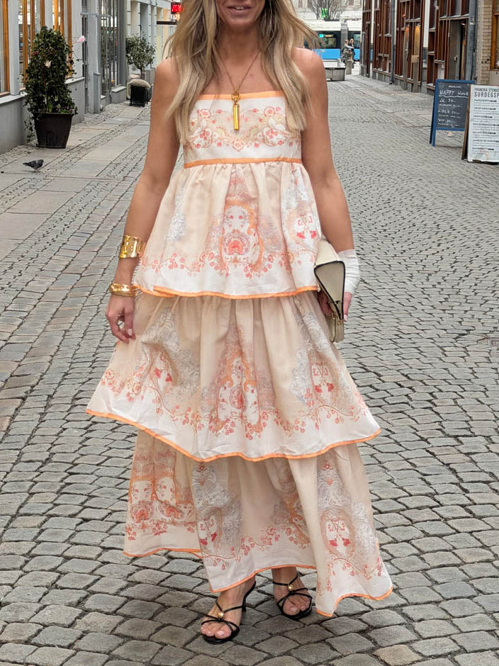 Bohemian Strapless Printed Tiered Maxi Dress