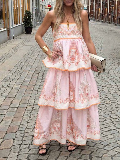 Bohemian Strapless Printed Tiered Maxi Dress