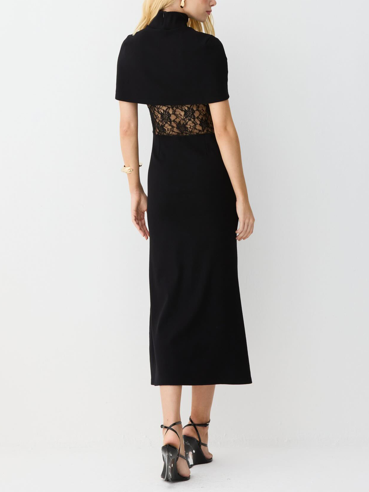 Elegant High-neck Short-sleeved Lace Openwork Maxi Dress