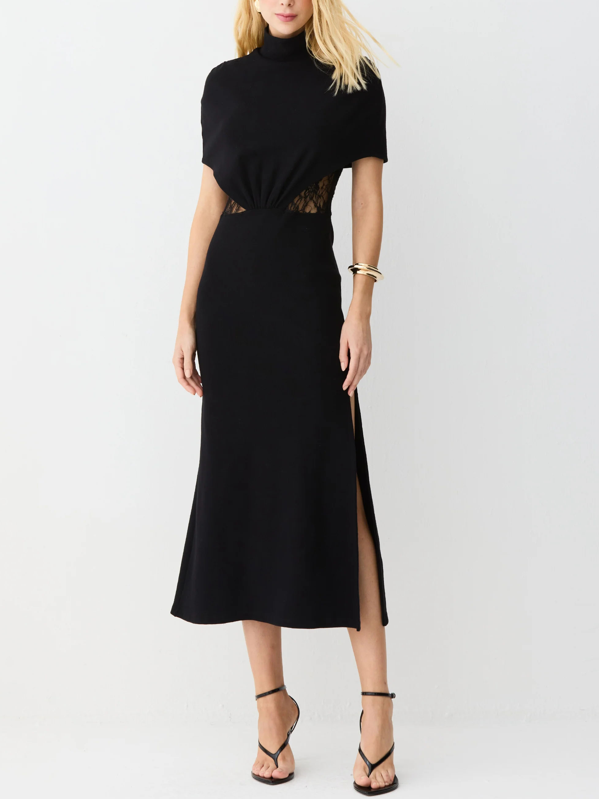 Elegant High-neck Short-sleeved Lace Openwork Maxi Dress