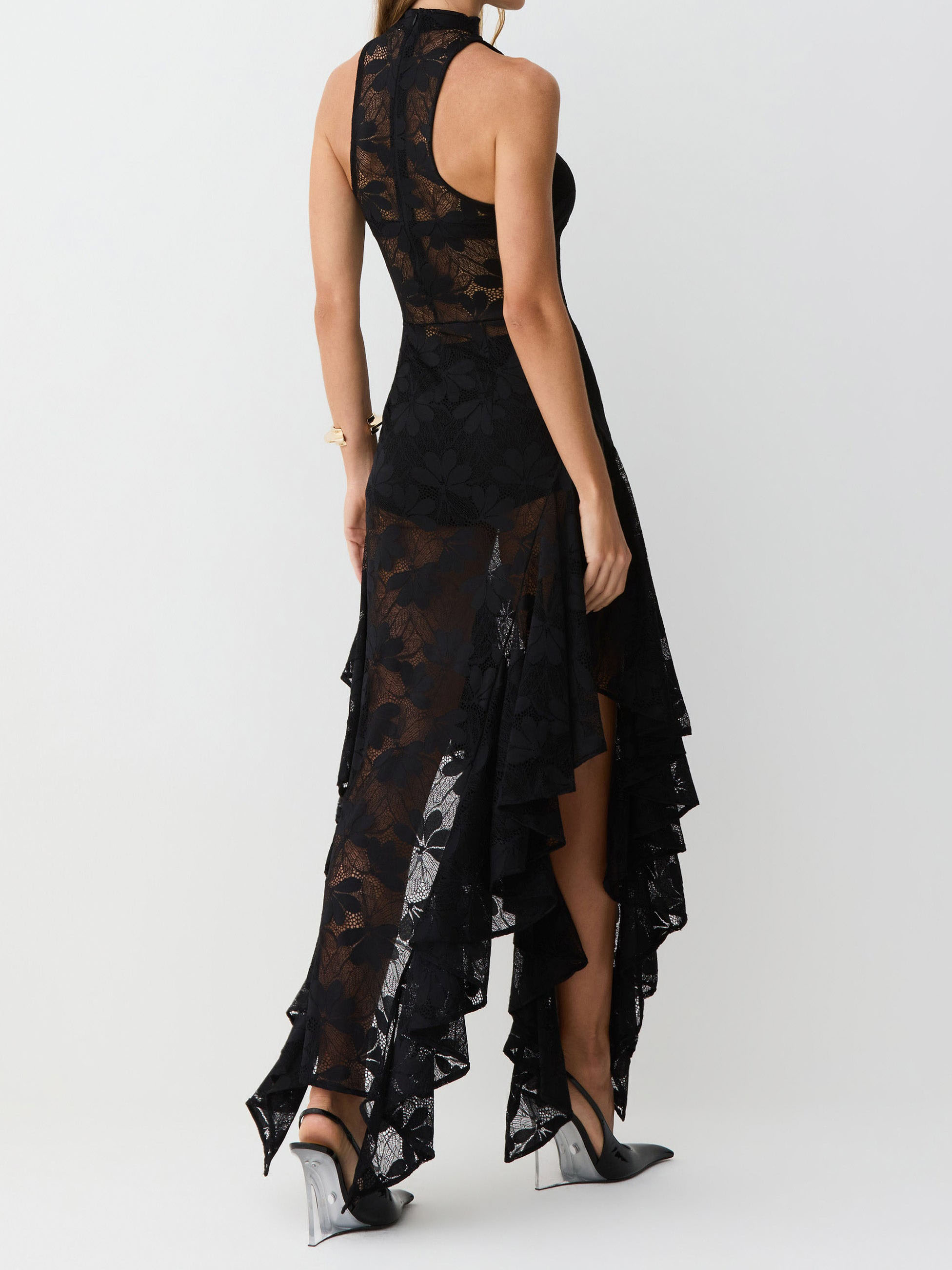 Elegant  Floral Lace High Neck Halter Sleeveless Asymmetric Midi Dress-Likemychoice