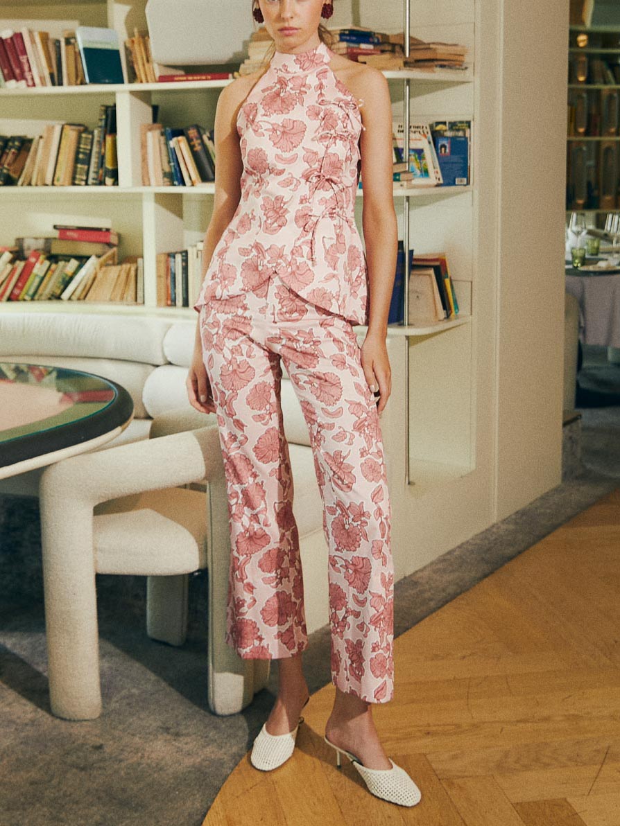 Exquisite Floral Print Bow Halter Top