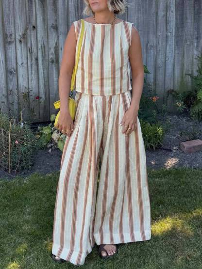 Vertical Stripe Vest And Wide Leg Pants Suit