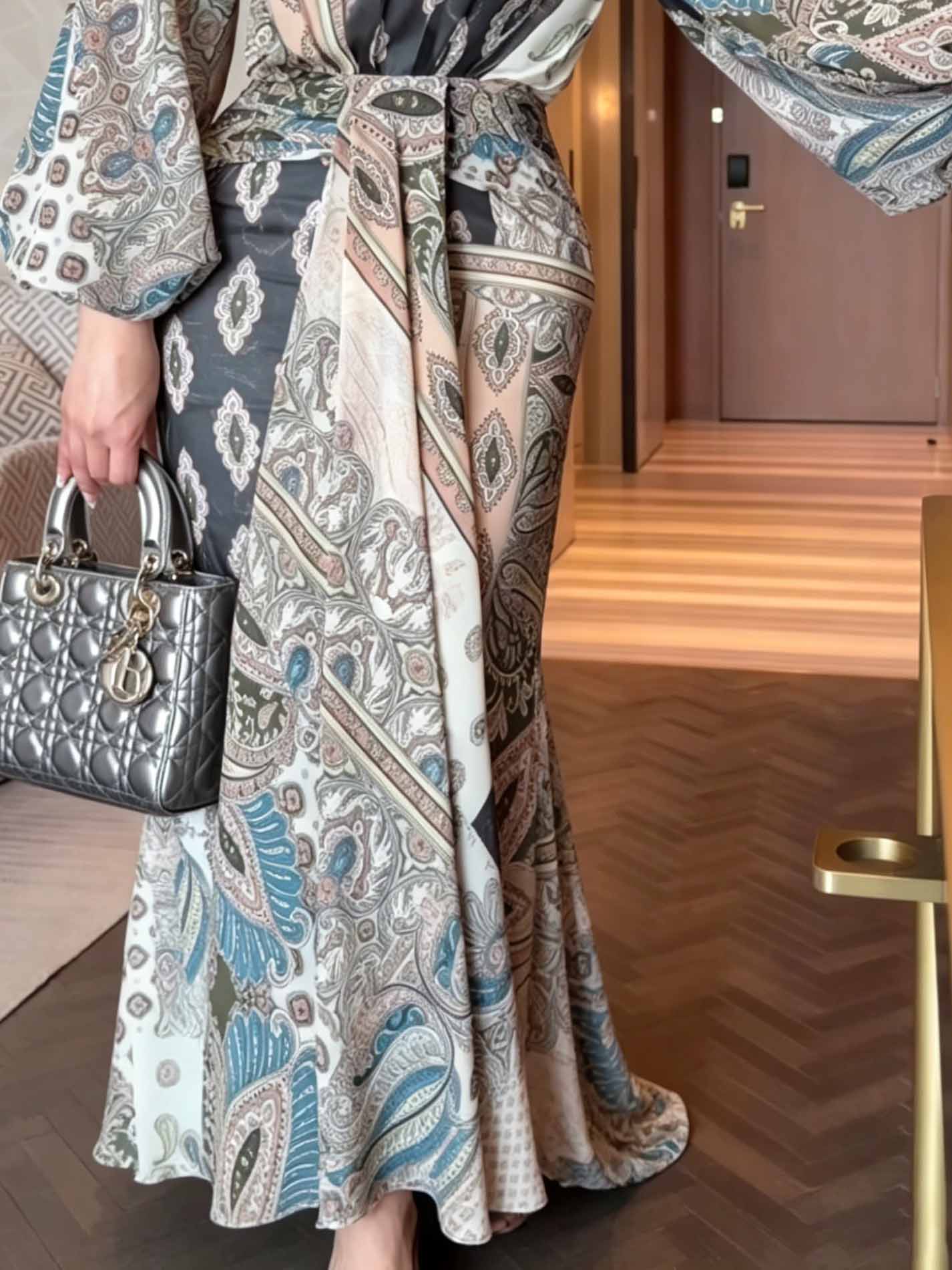 Patchwork Paisley Lantern Sleeve Maxi Dress