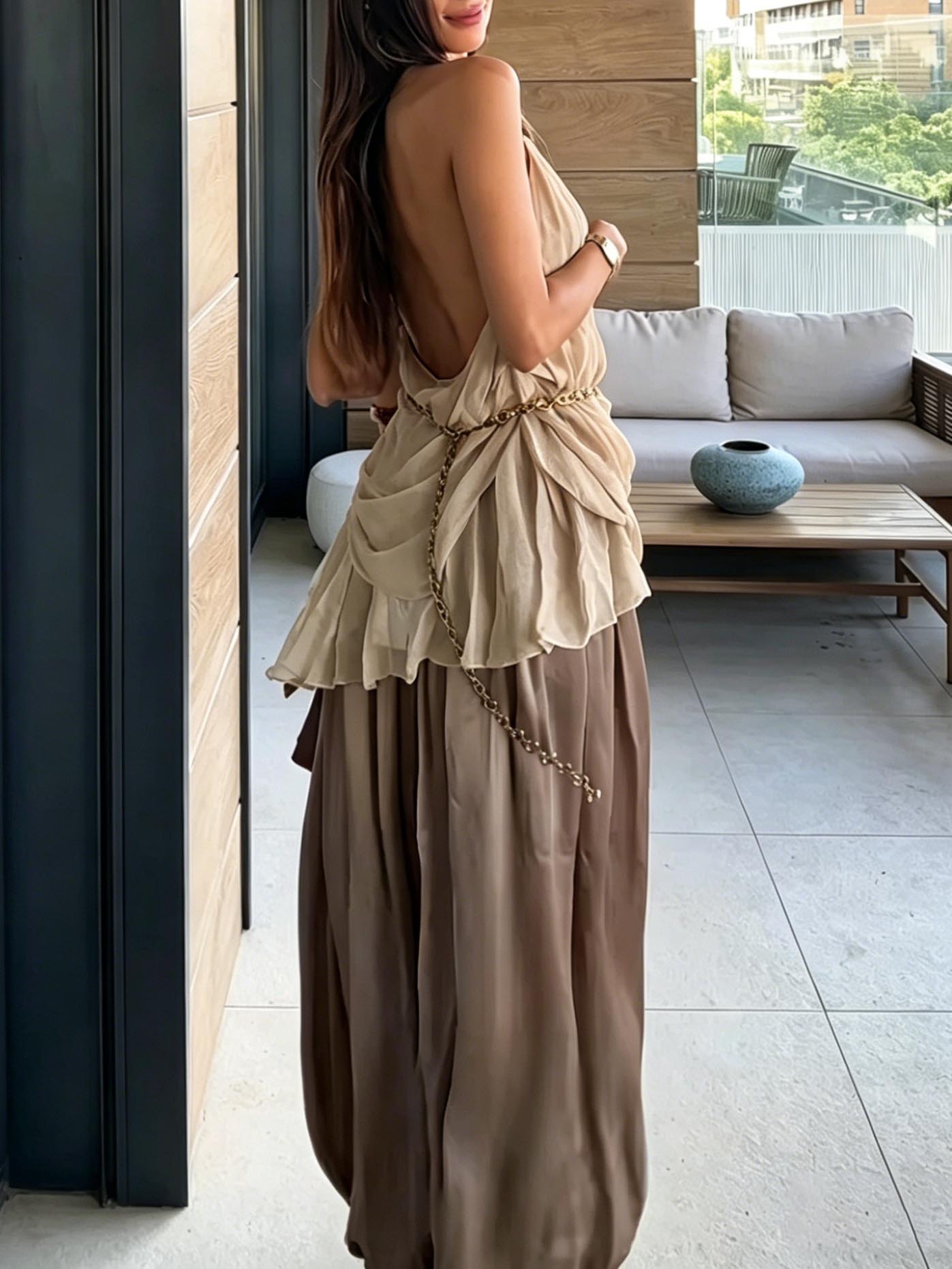 Casual Elegant Flowy Chiffon Draped Wide-Leg Pants Two-Piece Set