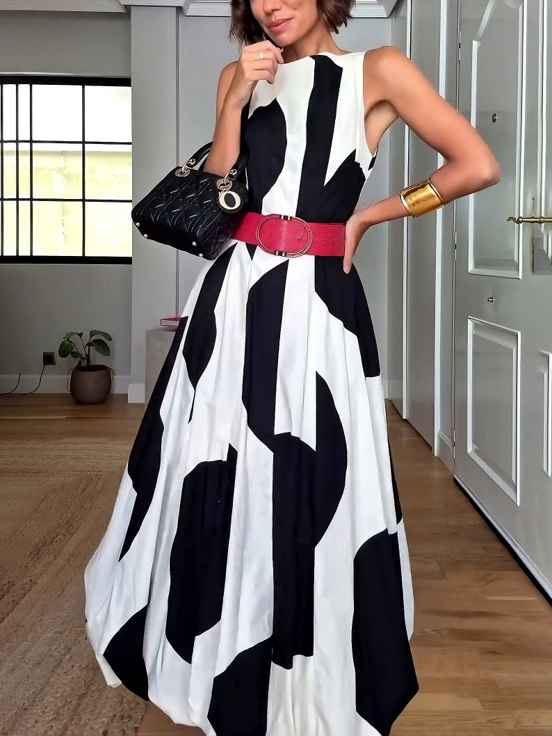 Elegant Classic Contrast Color Lantern Maxi Dress