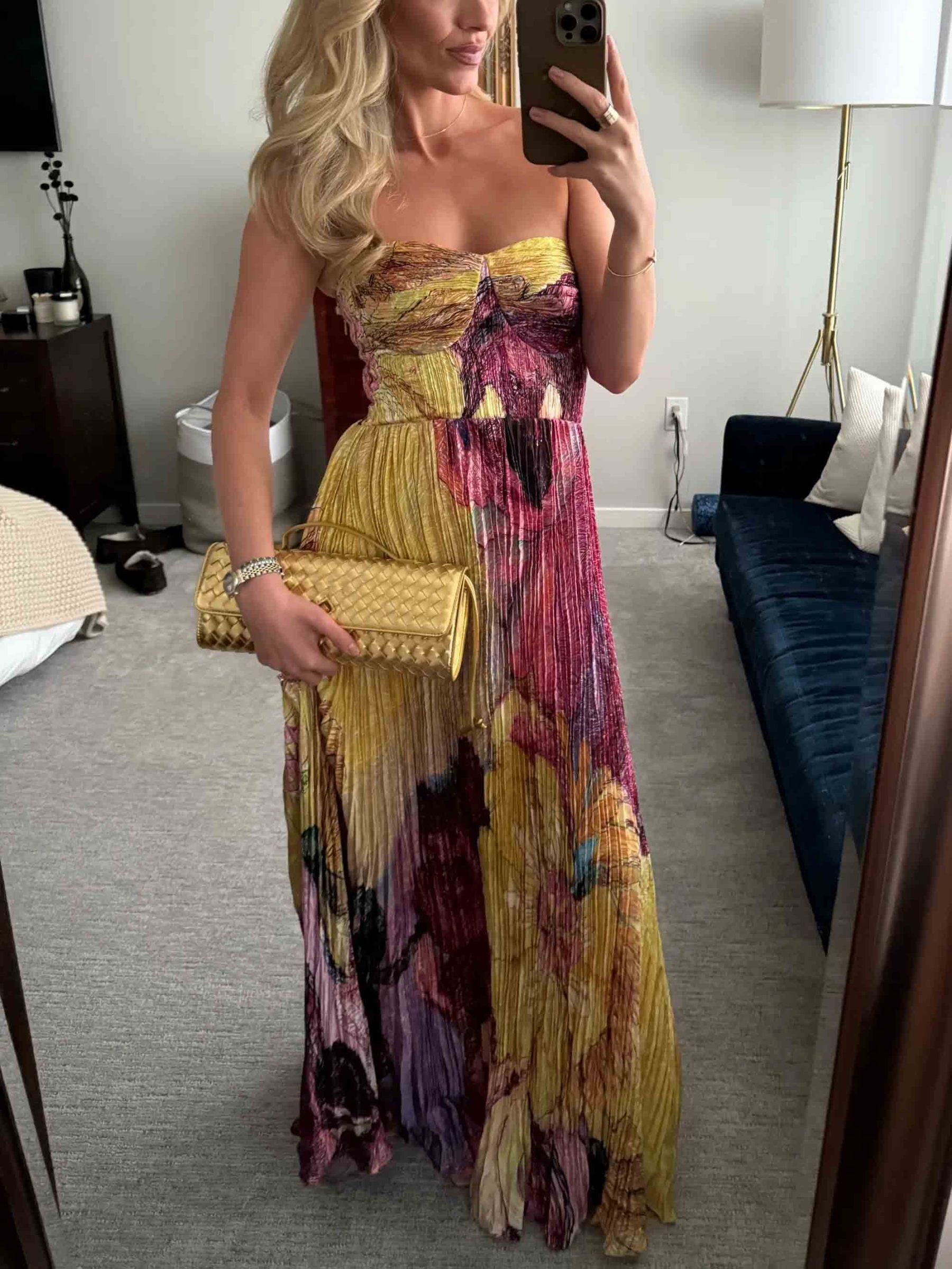 Vintage Art Hand-Painted Floral Print Pleated Maxi Dress