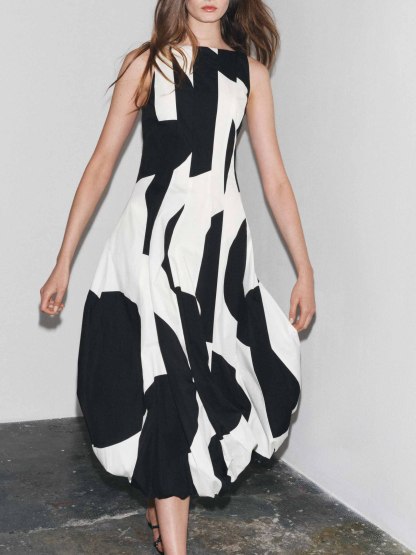 Elegant Classic Contrast Color Lantern Maxi Dress