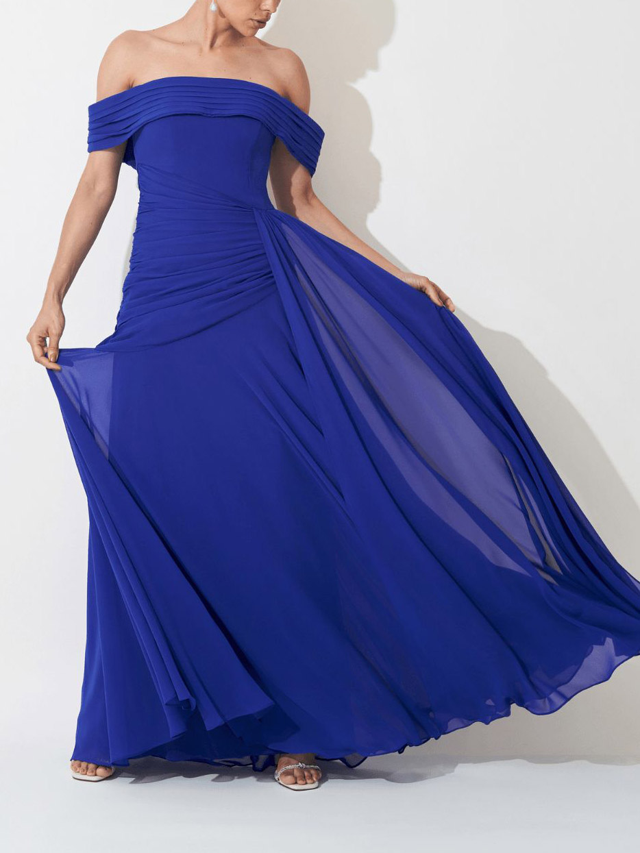 Elegant Off Shoulder Ruched Chiffon Maxi Dress