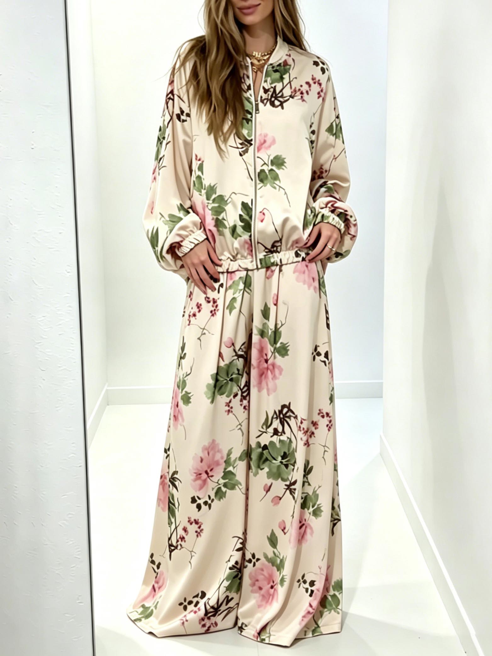 Elegant Floral Satin Zip-Up Jacket & Pants Two-Piece Set