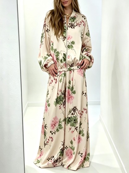 Elegant Floral Satin Zip-Up Jacket & Pants Two-Piece Set