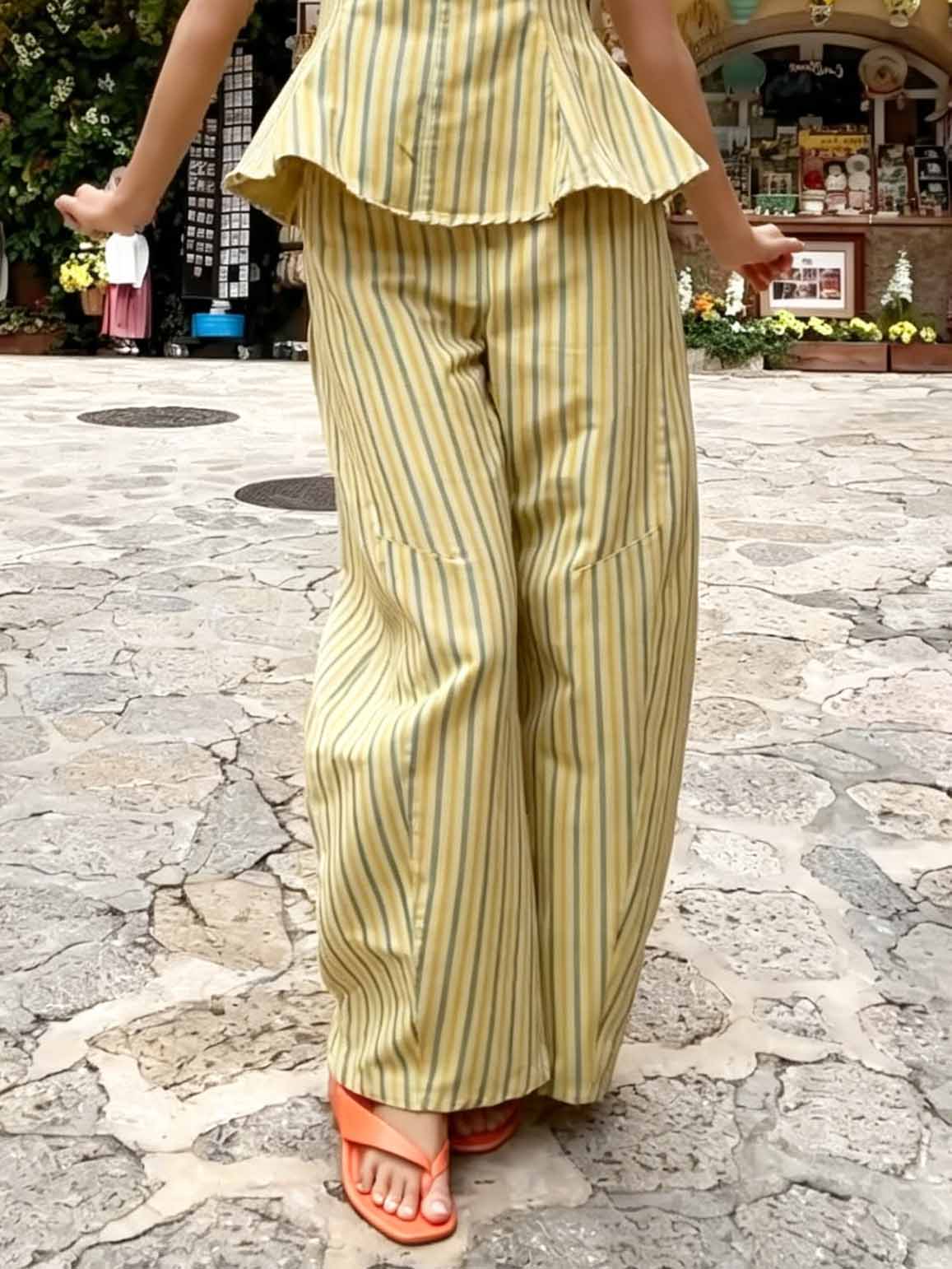 Retro Striped Ruffle Sleeveless Top & Pants Set