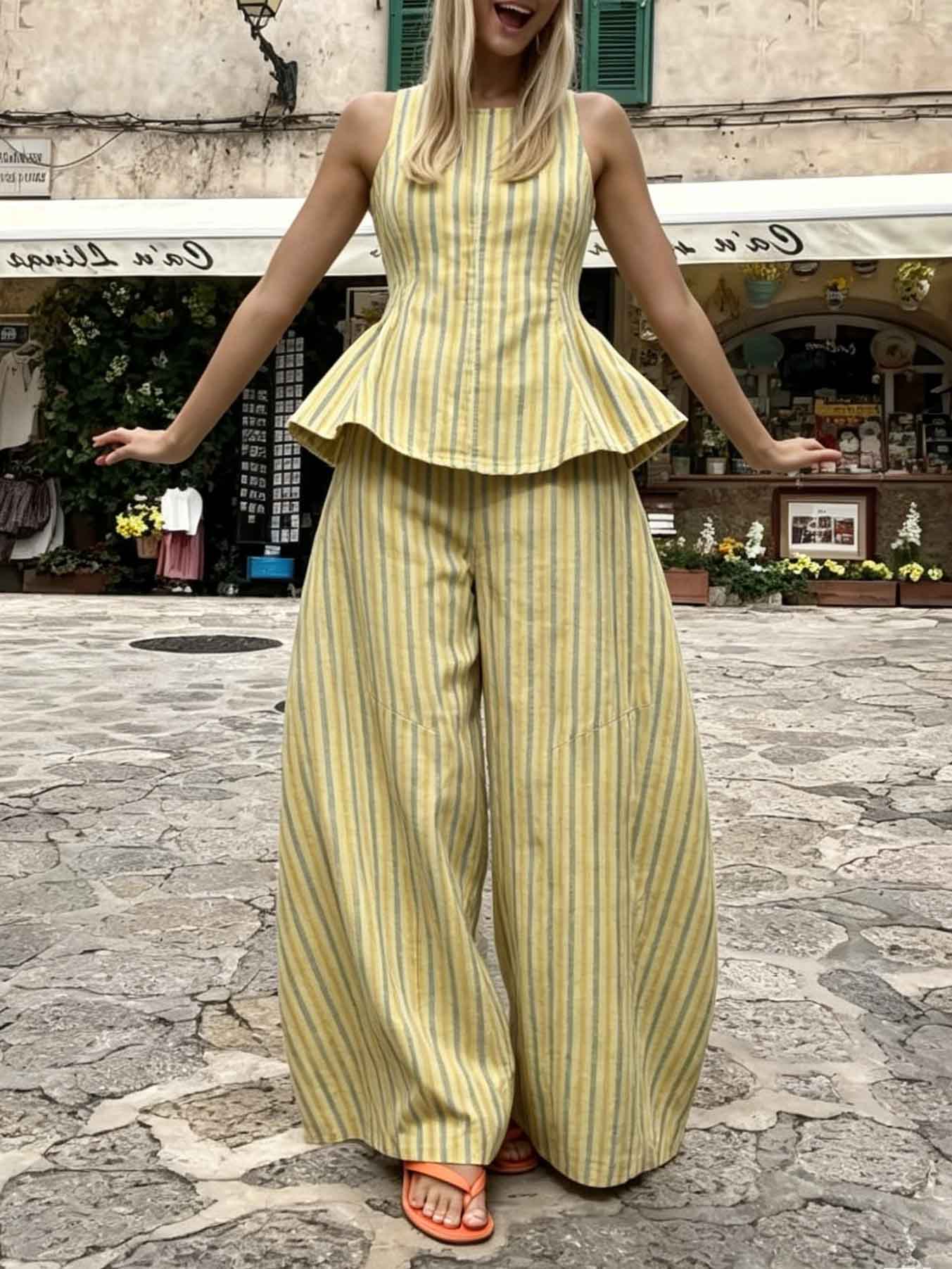 Retro Striped Ruffle Sleeveless Top & Pants Set