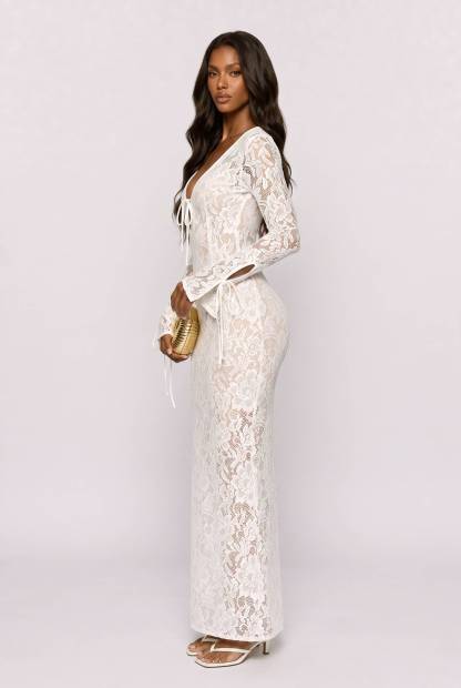 Deep V-Lace Floral Lace Cut-Out Maxi Dress