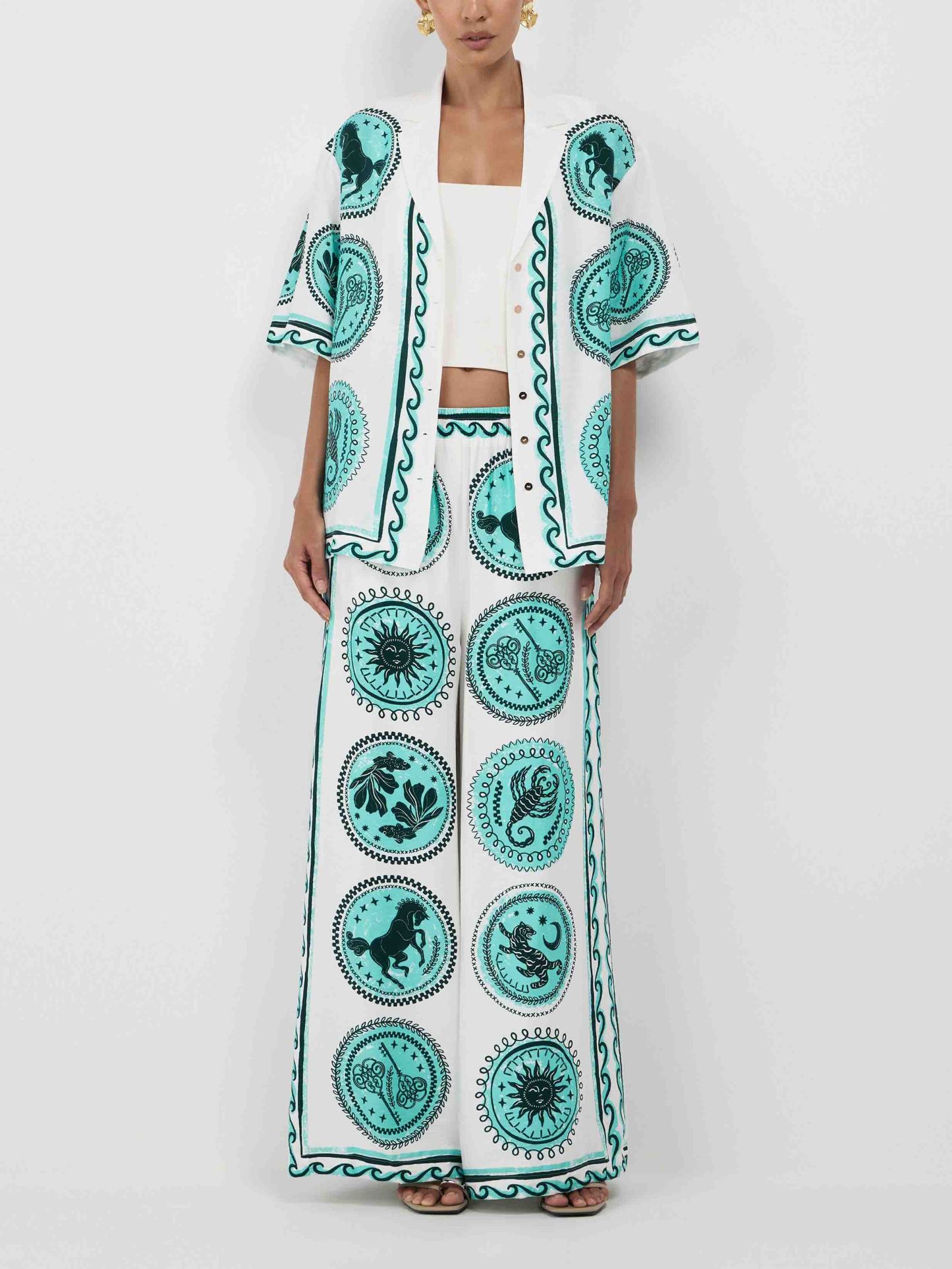 Unique Pattern Printed Elastic Waist Wide-leg Pants