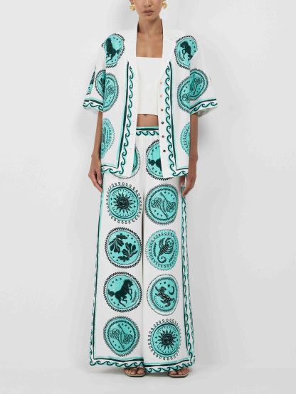 Unique Pattern Printed Elastic Waist Wide-leg Pants
