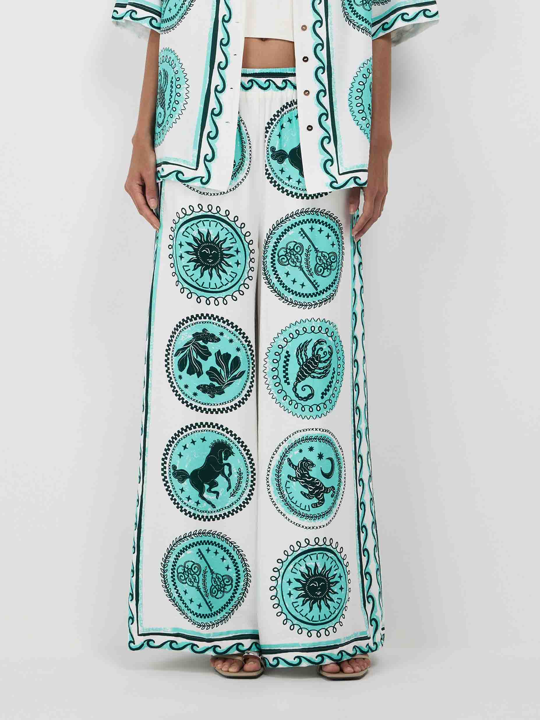 Unique Pattern Printed Elastic Waist Wide-leg Pants