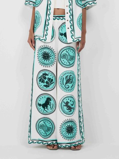 Unique Pattern Printed Elastic Waist Wide-leg Pants