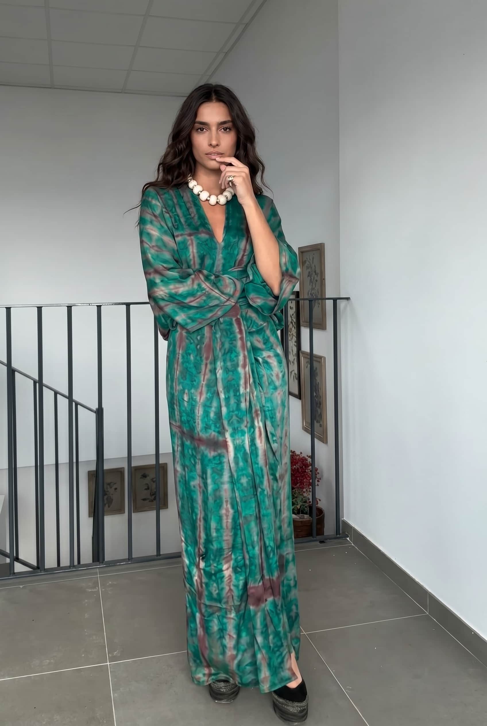V-Neck Printed Slit Streamer Design Maxi Dress