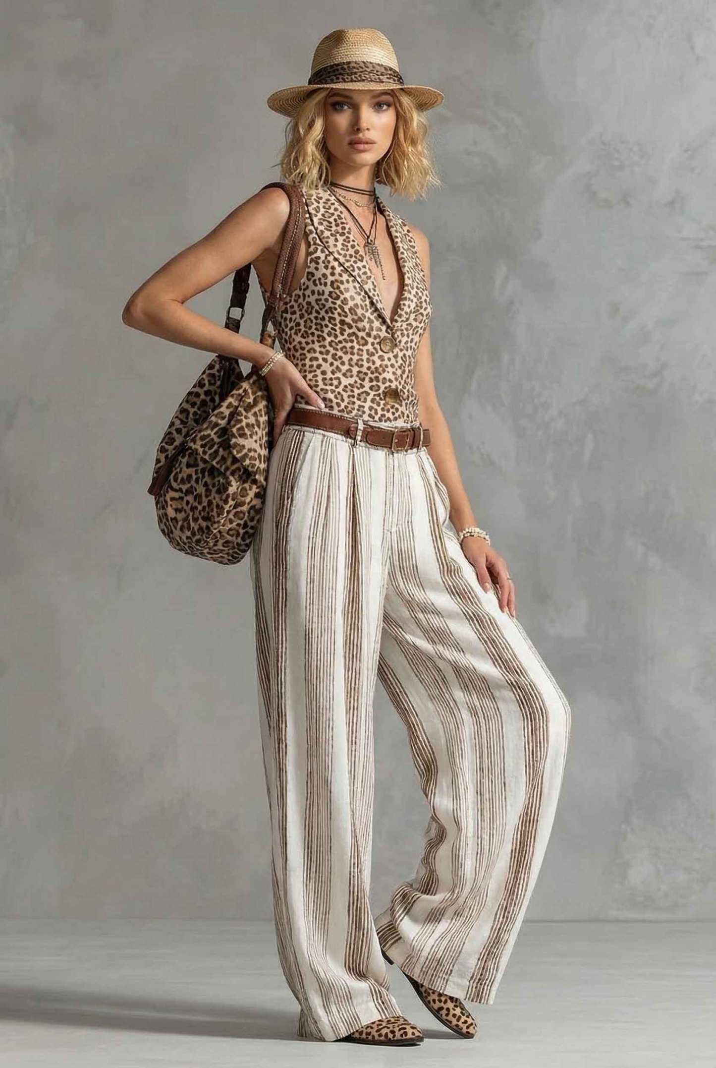 Leopard-Print Vest and Striped Wide-Leg Pants Set