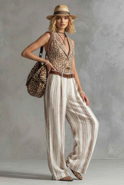 Leopard-Print Vest and Striped Wide-Leg Pants Set