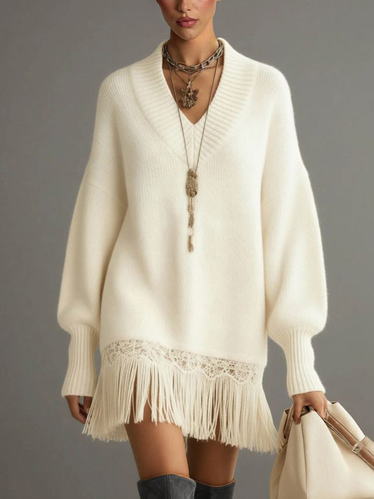 Casual Tassel V-Neck Sweater Dress